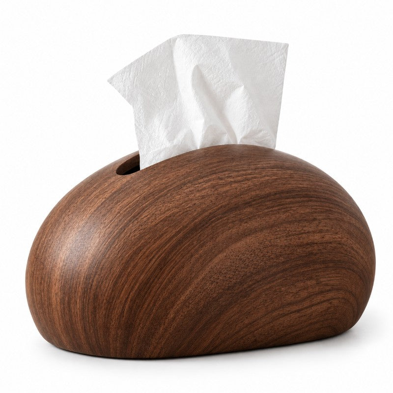 Smooth, rounded dark brown wooden tissue box with a visible wood grain, featuring white tissues emerging from a top slot.