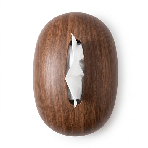 Dark brown, oval-shaped tissue dispenser with a wood grain texture, featuring a white tissue emerging from its central opening.