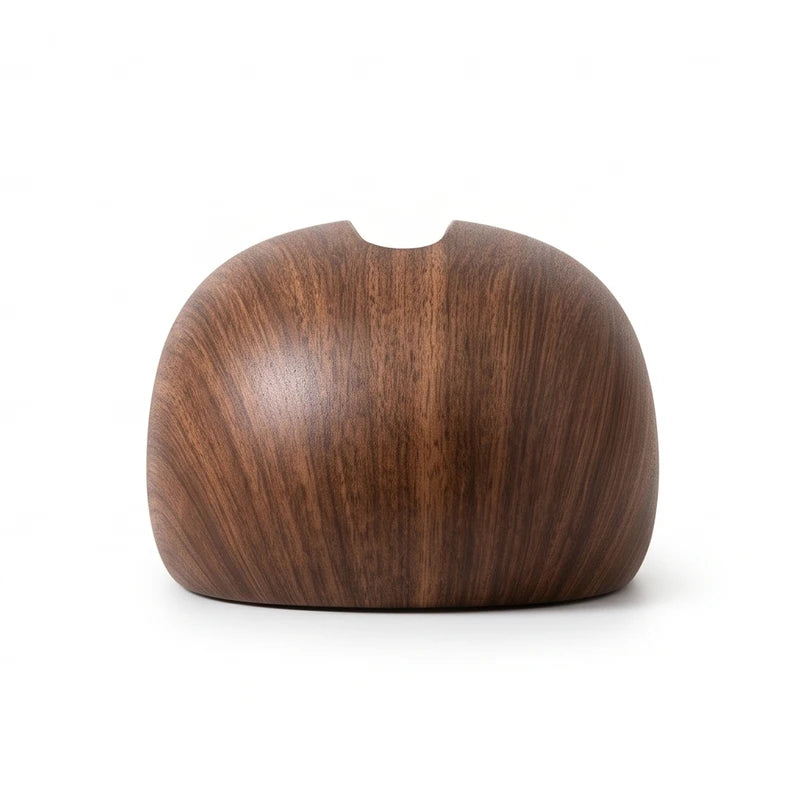 Curved dark walnut wood tissue dispenser with a central oval opening on top, against a white background.