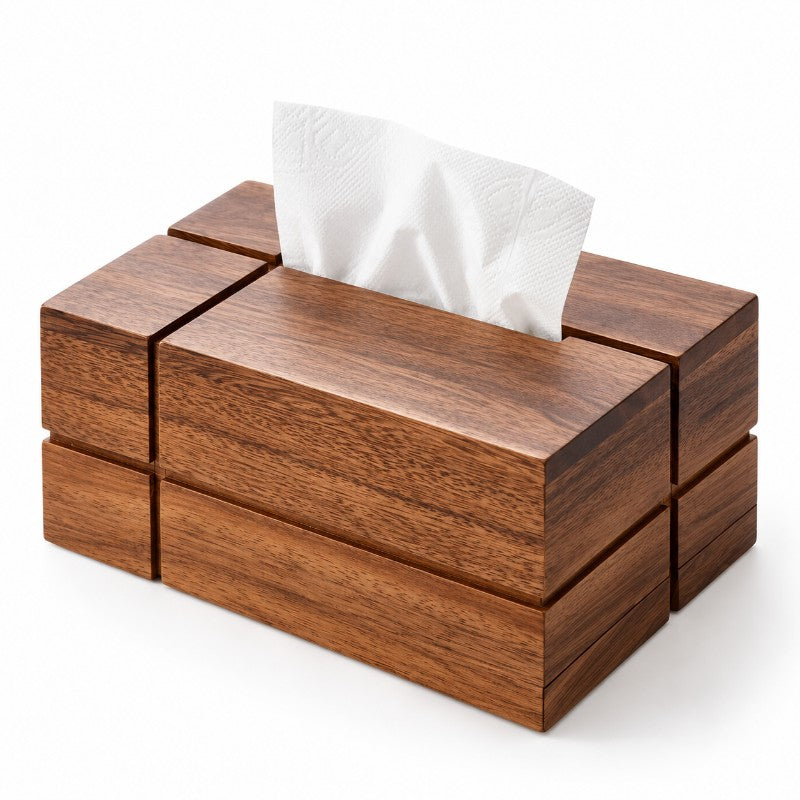 Rectangular geometric tissue box crafted from dark brown wood, with a white tissue peeking from the top slot.