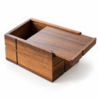Rectangular dark brown wooden box with visible grain, featuring a sliding top lid partially open on a white background.