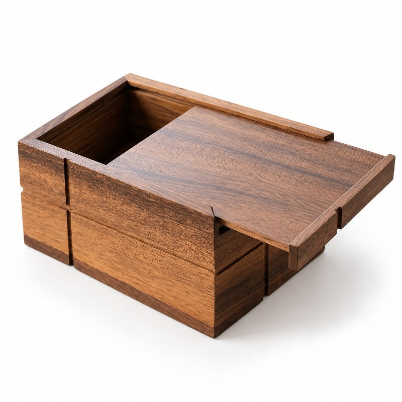 Rectangular dark brown wooden box with visible grain, featuring a sliding top lid partially open on a white background.