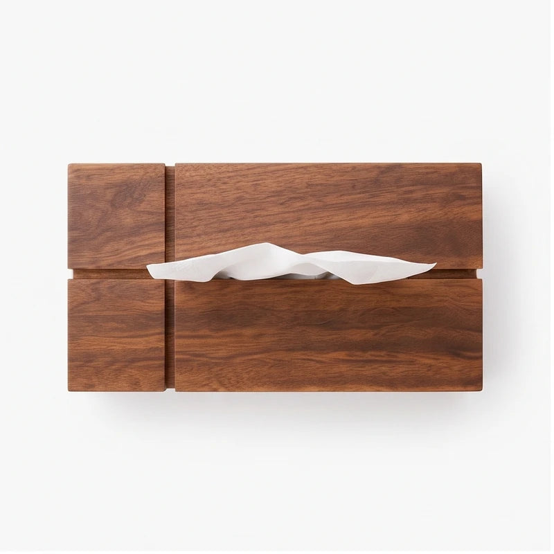 Flat lay of a rectangular dark wood tissue box with visible grain and a white tissue emerging from the top slot.