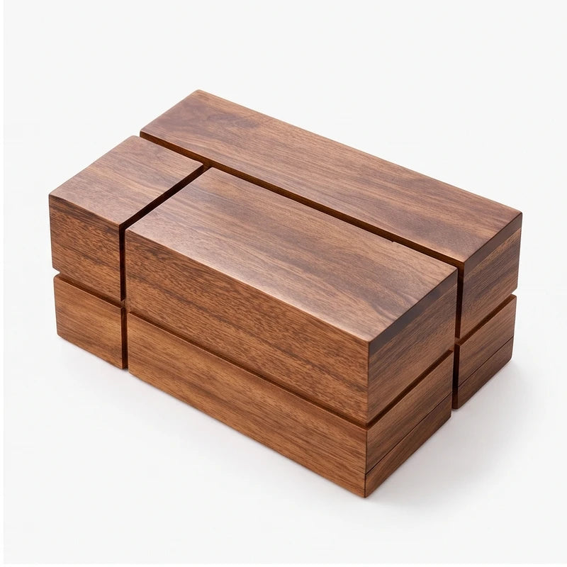 Geometric wooden object with dark brown grain, made of multiple rectangular blocks forming a hollow center on a white background.