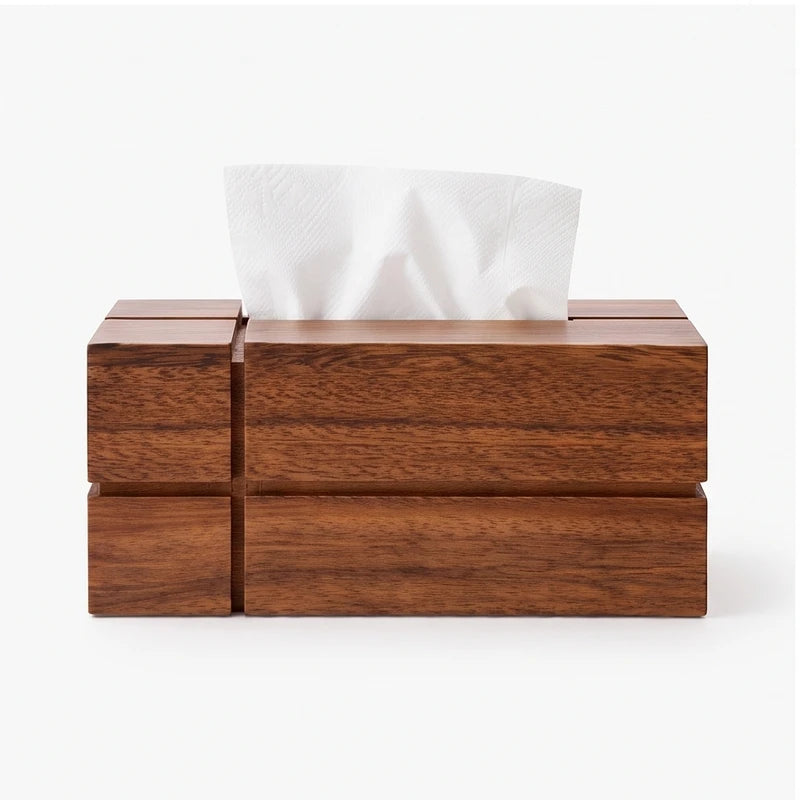 Geometric brown wooden tissue box with a rectangular shape, abstract block design, and a white tissue emerging from the top.