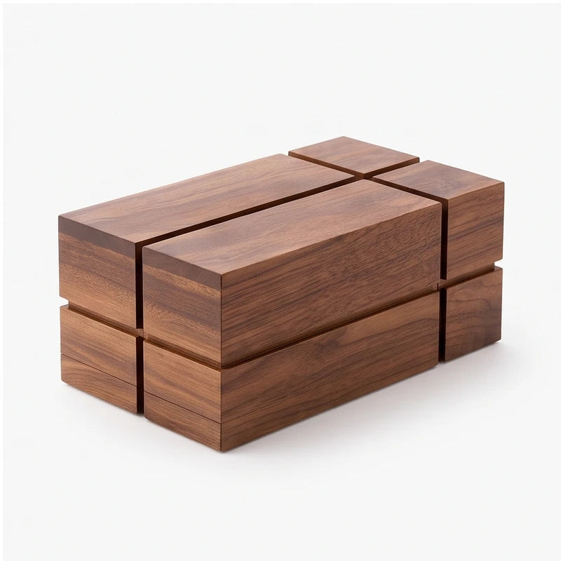 Rectangular wooden box with a rich brown grain, featuring a geometric top formed by interlocking block pieces.