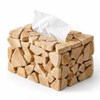 Rectangular box with a mosaic of natural, irregular wooden pieces, a white tissue emerging from its top opening.