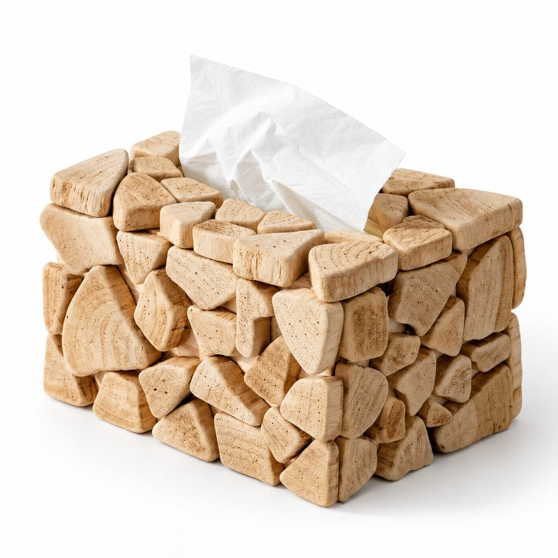 Rectangular box with a mosaic of natural, irregular wooden pieces, a white tissue emerging from its top opening.