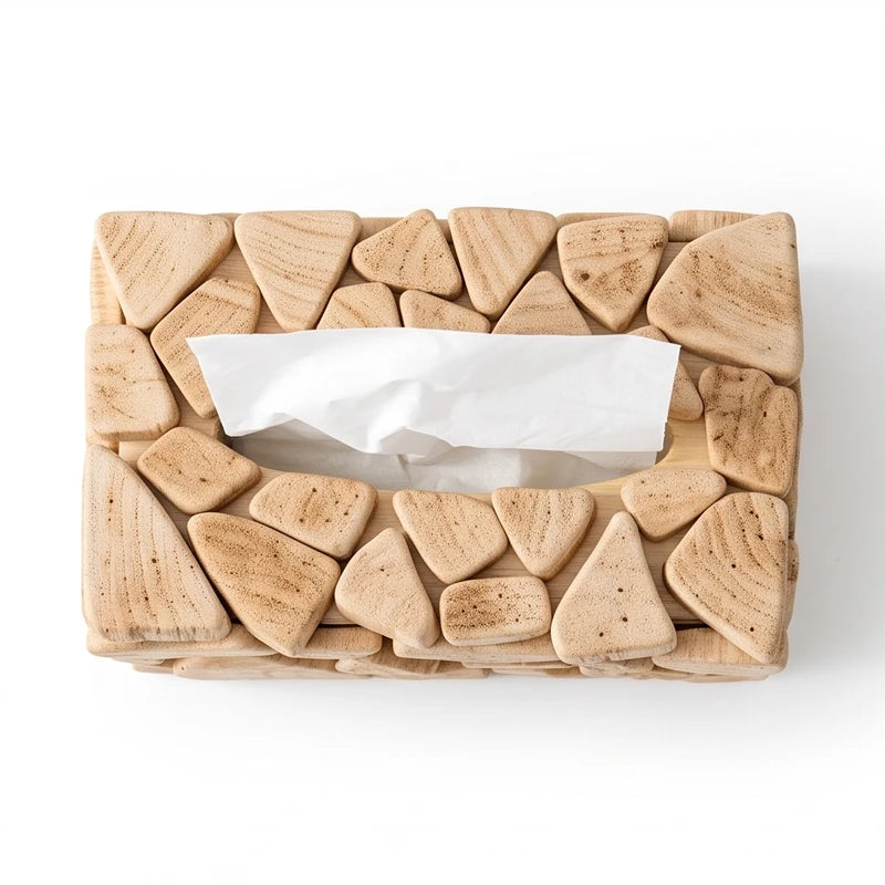 Top-down view of a light wood tissue box with irregular, light brown mosaic pieces on top, and white tissues visible.