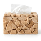 Rectangular wooden tissue box with a mosaic pattern of light-colored, varied wood shapes and a white tissue peeking out.