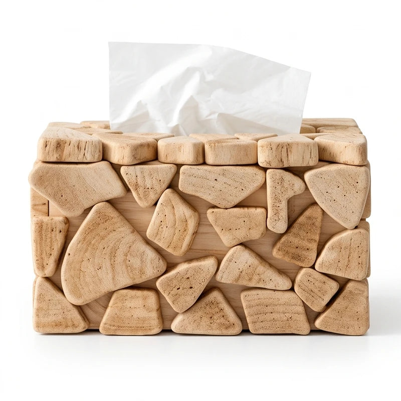 Rectangular wooden tissue box with a mosaic pattern of light-colored, varied wood shapes and a white tissue peeking out.